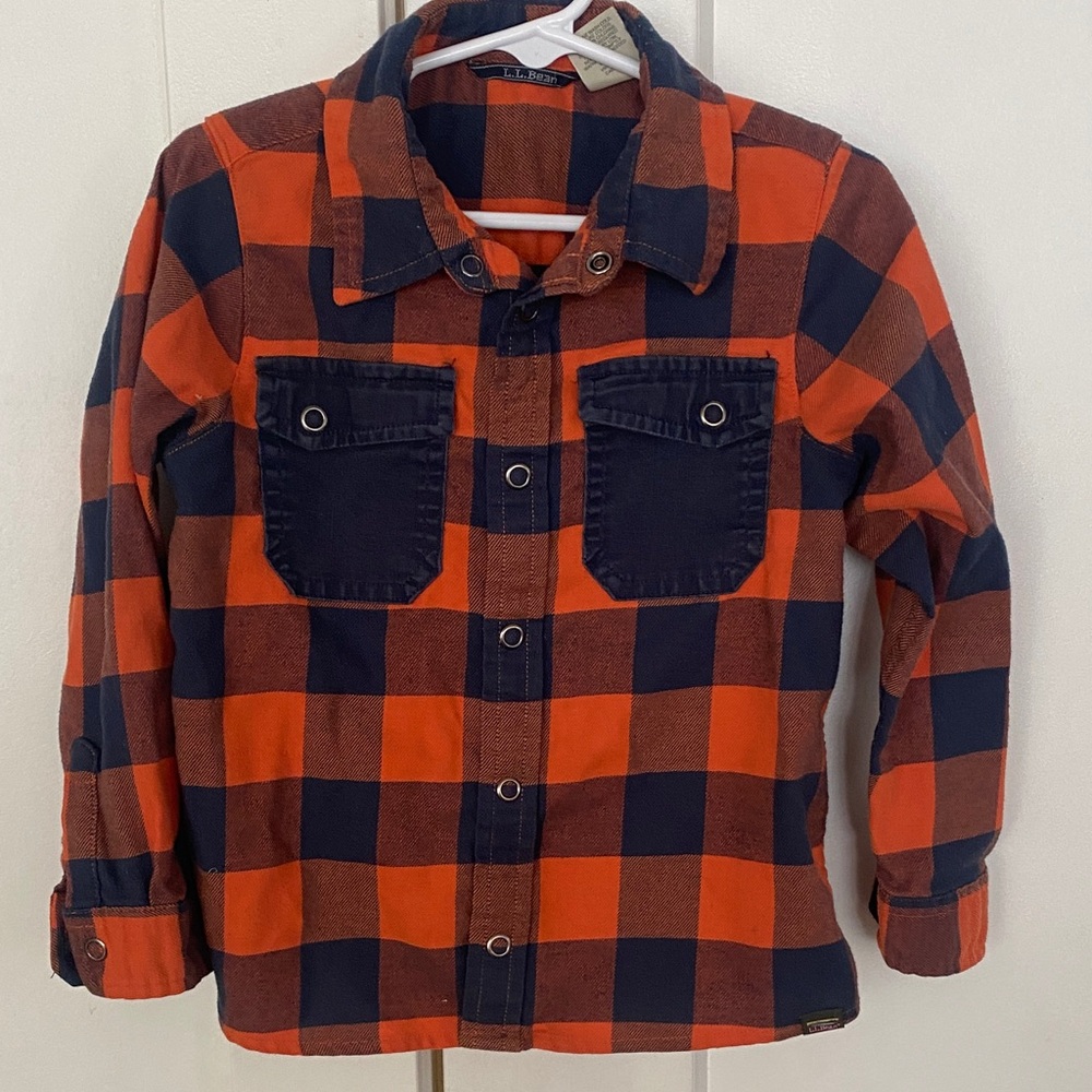 L.L. Bean Kids Orange and Navy Plaid Button Down Shirt